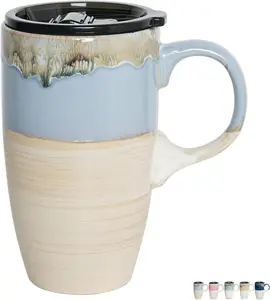 Ceramic Travel Coffee Mug with Handle and Lid, 18 oz, Portable Coffee Cup for  Cup Holder, Microwave and Dishwasher Safe, Reactive  (Light Blue)