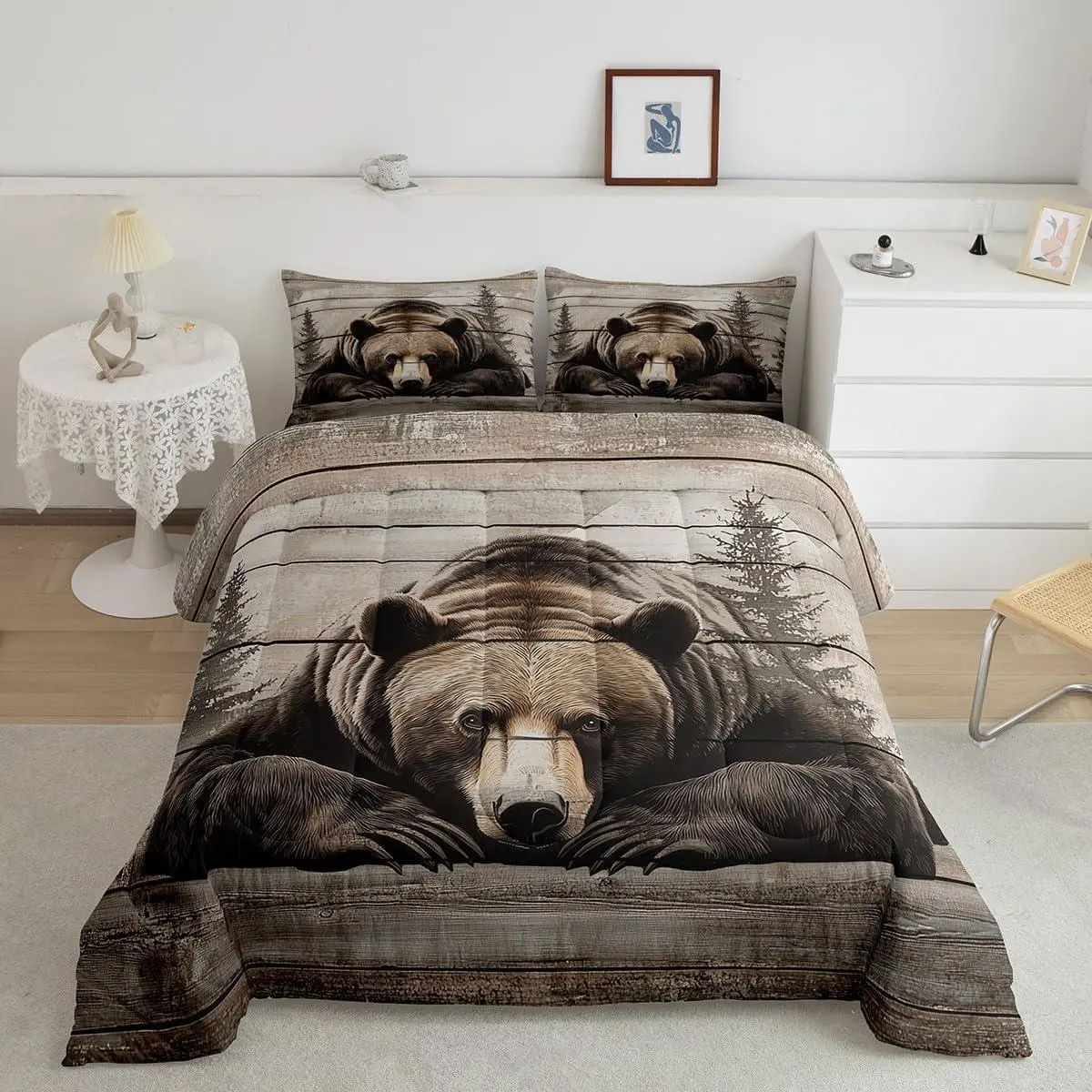 Feelyou Grizzly Bear Bedding Set - Hunting Bear Queen Comforter Set, Rustic Woodland Cabin Vintage Farmhouse Animal Quilt for Kids, Bedding Sets