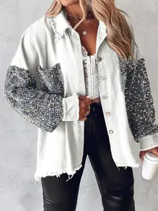 【Plus Size】 Contrast Sequin Raw Hem Button Front Shirt Jacket, Casual Long Sleeve Collared Pocket Outerwear for Fall & Winter, Women's Clothes for Daily Wear, Winter Fashion Clothing