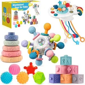 Summer Spring Gift Montessori Baby Toys 6-9 12-18 Month,7-in-1 Sensory Infant Teething Toys for 6-12 Month,Stacking Blocks Cups Ring Matching Eggs Pull String Suction Cup Toy for Babies 6-12+ Months,1 Year old Baby Gift
