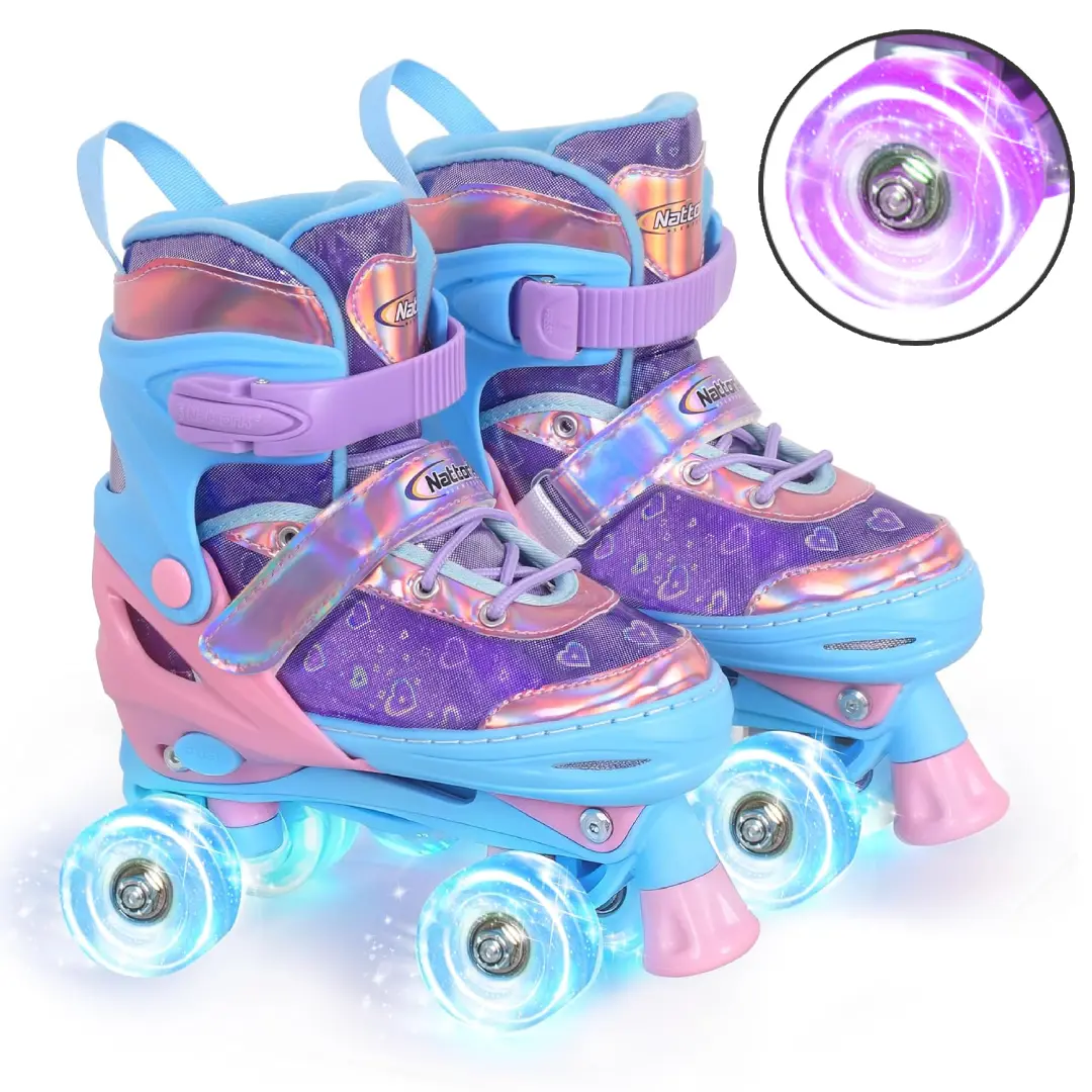 Nattork Girls' 4-Size Adjustable All Seasons Quad Roller Skates with Laser Gradient Heart Pattern, 4 Wheels, ABEC-7 Bearings, Colorful Glowing Wheels, Brakes, Buckle, Laces for Beginner Female Riders, Birthdays