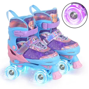 Nattork Girls' Beginner Quad Roller Skates, 4-Size Adjustable, Laser Gradient Heart Pattern, Roll-Activated Light-Up Wheels, Triple Safety System, ABEC-7 Bearings, Outdoor Sports Toy