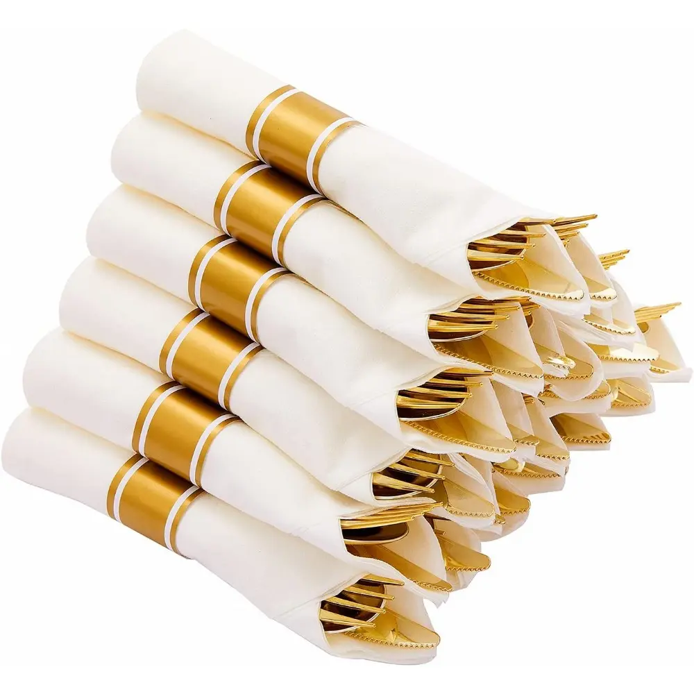 N9R 75 Pack Pre Rolled Gold Plastic Cutlery Set, Wrapped Plastic Silverware Set With 75 Forks, 75 Knives, 75 Spoons And 75 Napkins, Disposable Cutlery Set For Party And Wedding