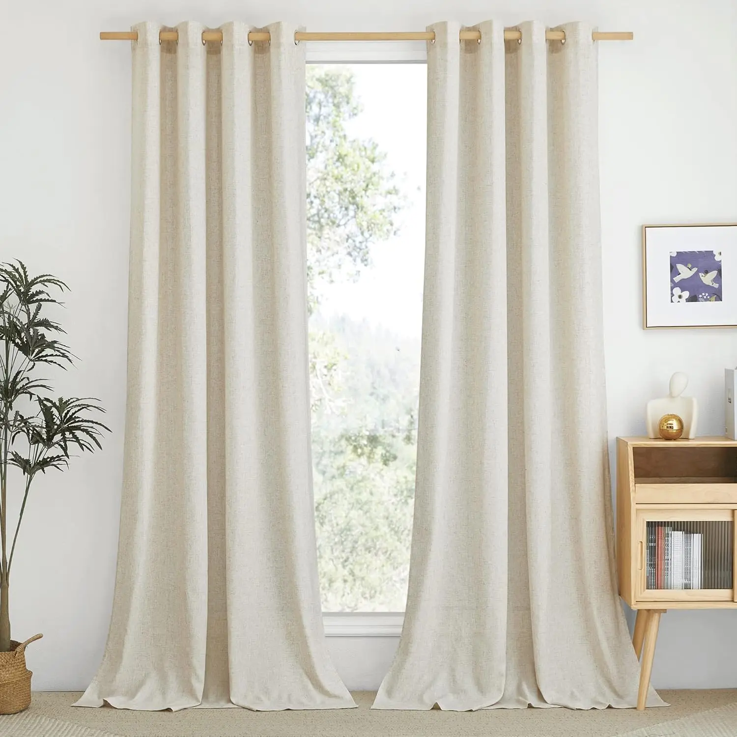 NICETOWN Natural Flax Linen Bedroom Curtains, Grommet Semi Sheer Vertical Drapes Privacy Added with Light Filtering for Living Room/Home Office, 2 Pieces