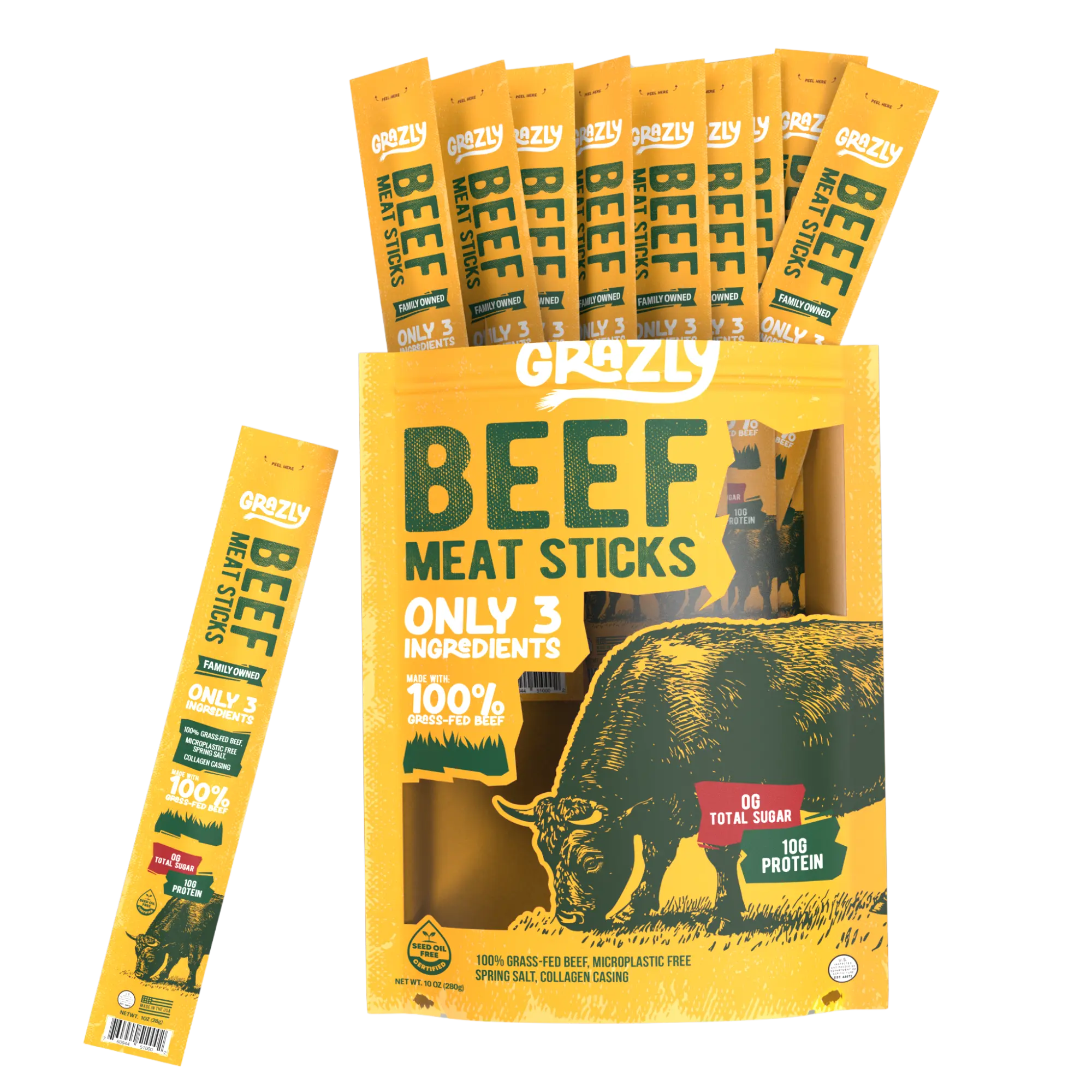 Grazly Plain Beef Meat Sticks - 100% Grass-Fed & Finished