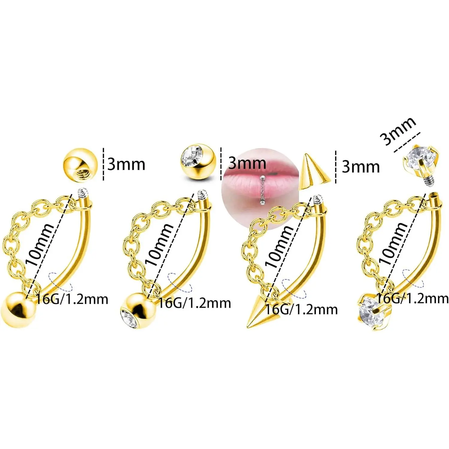 4 Pcs 316L 16G Lip Rings Snake Bite Jewelry Eyebrow Rings Tragus Helix Rook Piercing Jewelry with Chain, Stainless Steel Cartilage Earrings, Belly Button Ring Vertical Labret Lip Piercing
