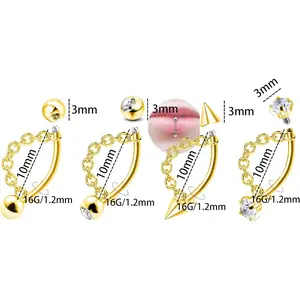 4 Pcs 316L 16G Lip Rings Snake Bite Jewelry Eyebrow Rings Tragus Helix Rook Piercing Jewelry with Chain, Stainless Steel Cartilage Earrings, Belly Button Ring Vertical Labret Lip Piercing