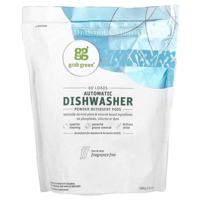 Grab Green Automatic Dishwasher Powder Detergent Pods, Fragrance Free, 60 Loads, 2 lbs 6 oz (1,080 g)