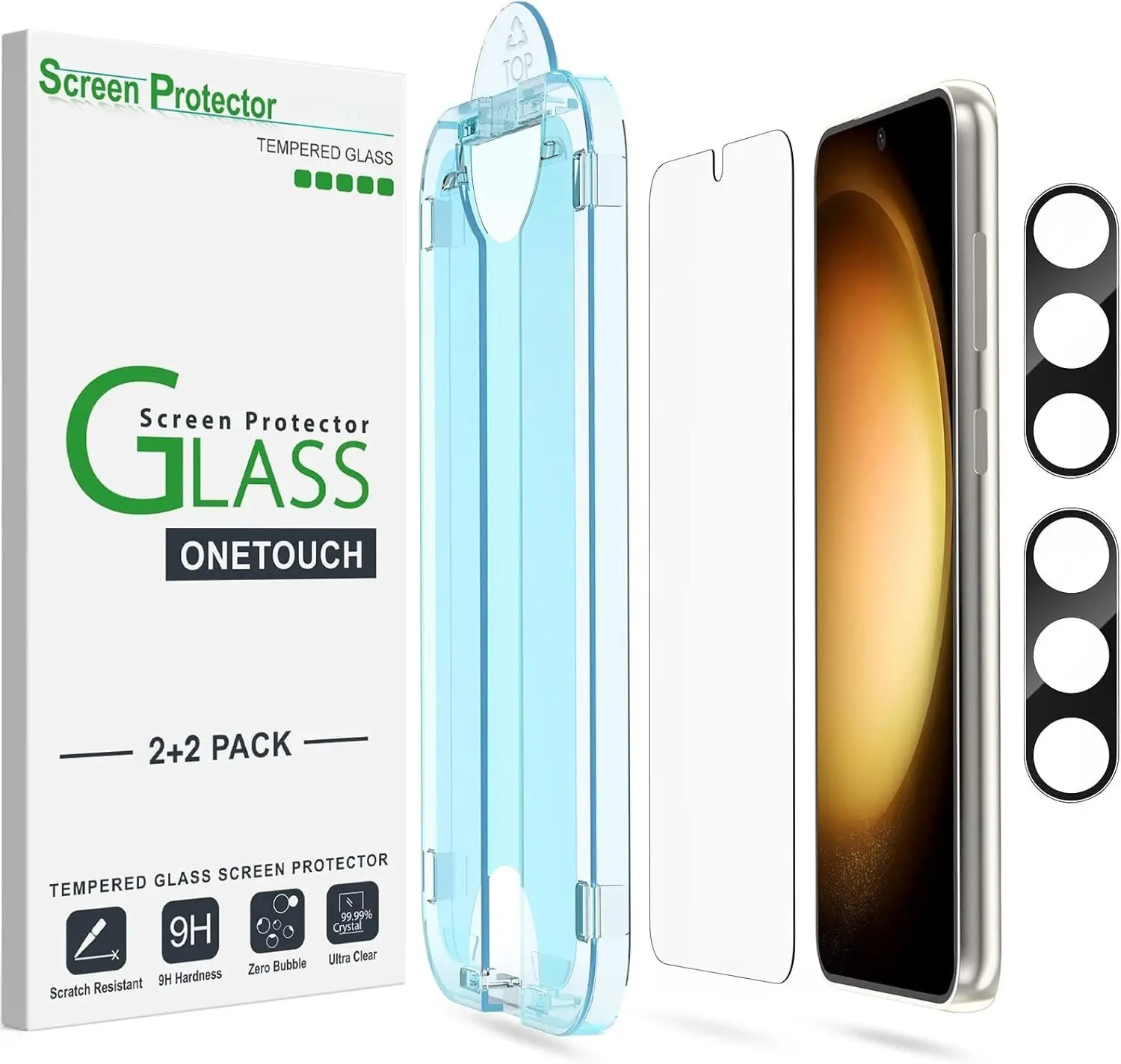 [2+2 Pack Kit] OneTouch Tempered Glass Screen Protector with Camera Lens Protector for Galaxy S23+/S23 Plus (6.6 in), 9H Hardness, Auto-Alignment Tech, Anti-Fingerprint, Bubble-Free Easy Installation, Mobile Phone Accessory