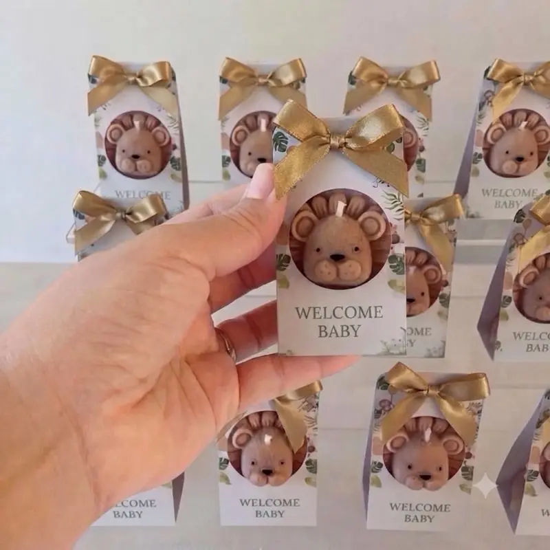 Unscented Lion Baby Shower Candle Souvenir - Handmade with Gold Bow, Jungle Design, Light, Wick, Wax - Decorative Box for Baby Showers.