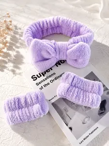 1pc Solid Color Bath Headband & 2pcs Bath Wrist Band, Creative Polyester Facial Makeup Headband & Wrist Wash Band Set For Bathroom Home Bathroom Decor Fall Decor Back To School