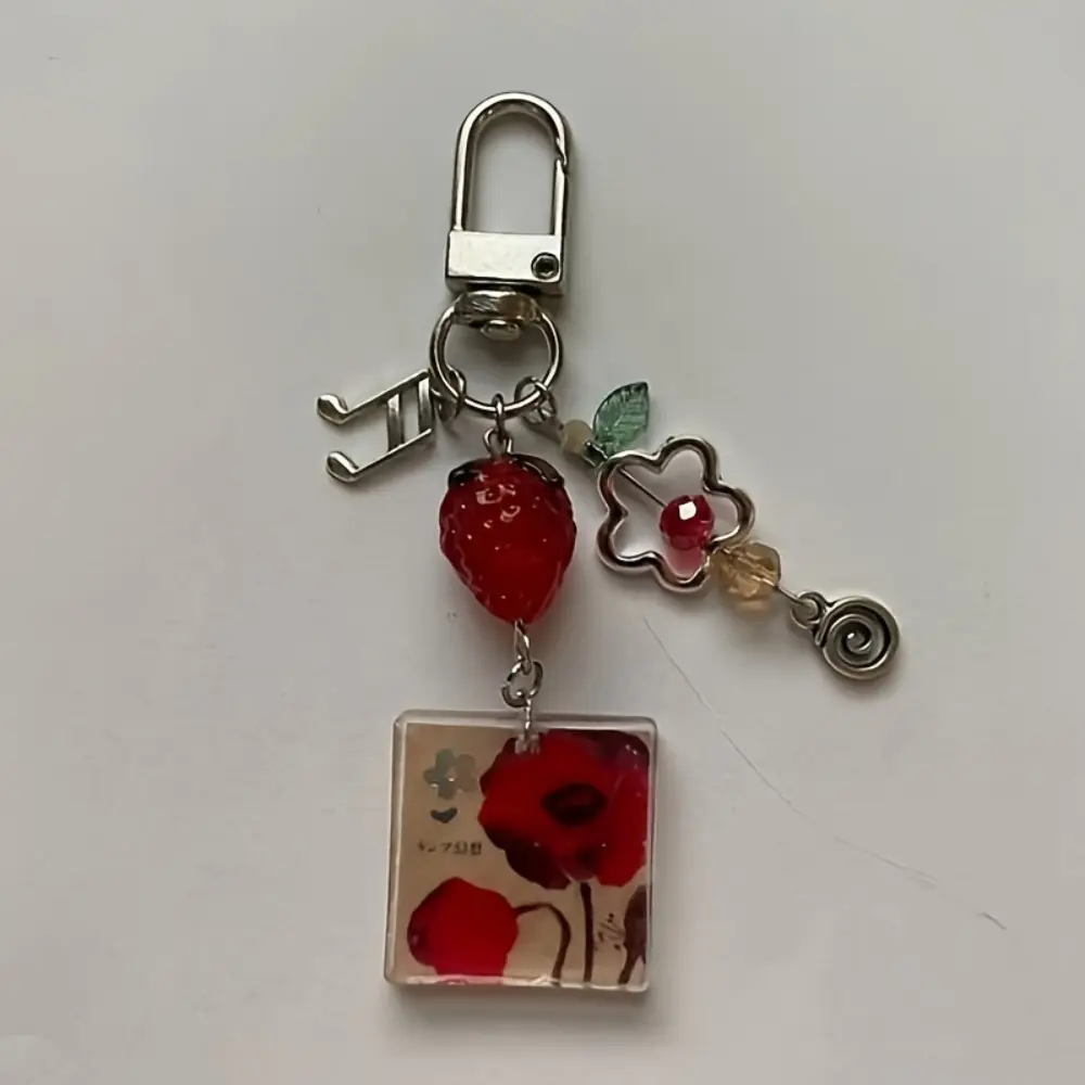 Kawaii Beaded Keychain with Lamp and Strawberry Charms, Cute Collectible Keychain Decor for Girls, Key Charms, Collectibles, Kawaii Accessories, Cute Keychains