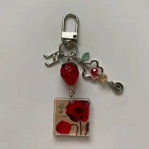 1pc Lamp Inspired Keychain For Girls, Beaded Keychain With Strawberry Pendant For Girls