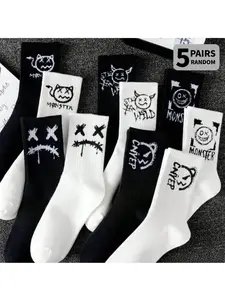 5 pairs of randomly paired men's one-piece comfortable personalized smile-patterned socks, street-style black-and-white mid-calf socks, fall socks, Casual Stylish Socks