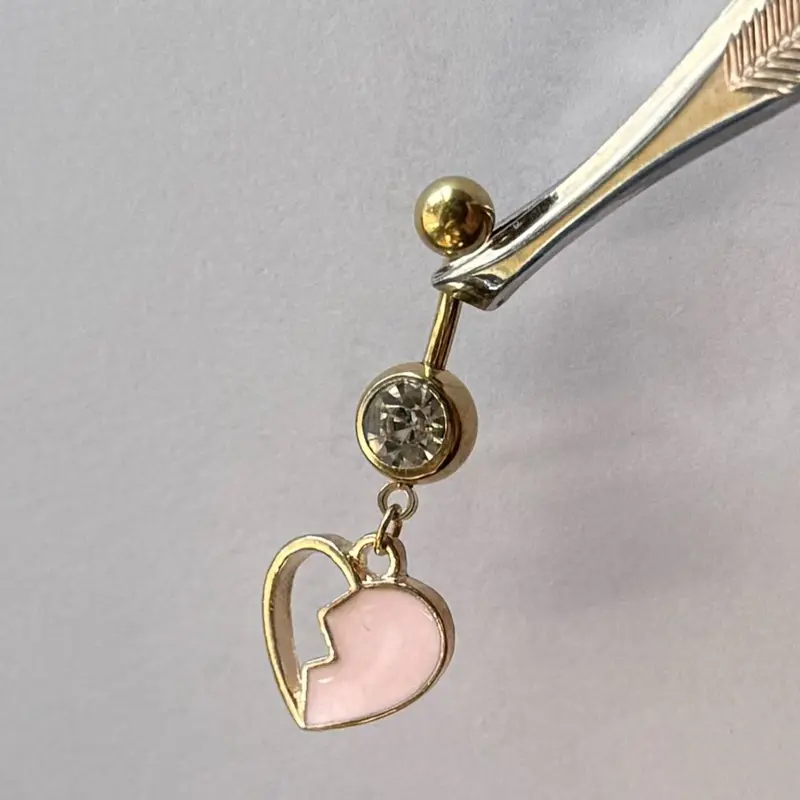 Broken Heart Belly Ring Pink with Clear Crystal Charm Body Jewelry