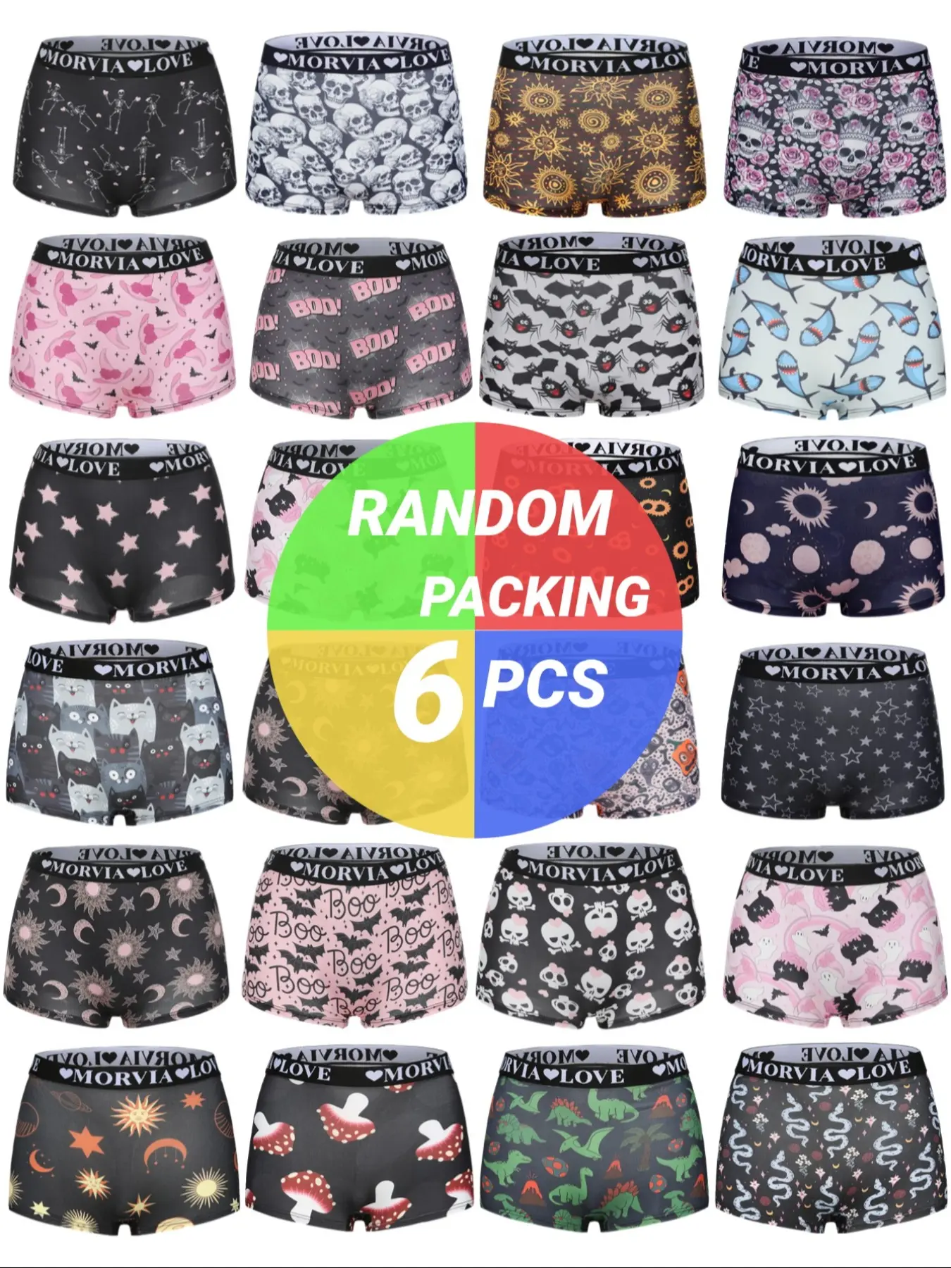 Morvia Women's Gothic Halloween Skull Print Fashion Underwear Set, Soft Elastic Waist Panties, Fitted Thin Fabric, Casual Style, All Seasons Wear, Printed Panties