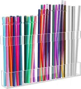 9.5” Large Acrylic Straw Holder for Cabinet Door - Reusable Tumbler Straw Organizer Storage, Small Kitchen Accessories Container, Ultra Sticky Cupboard Door Mounted (Transparent)