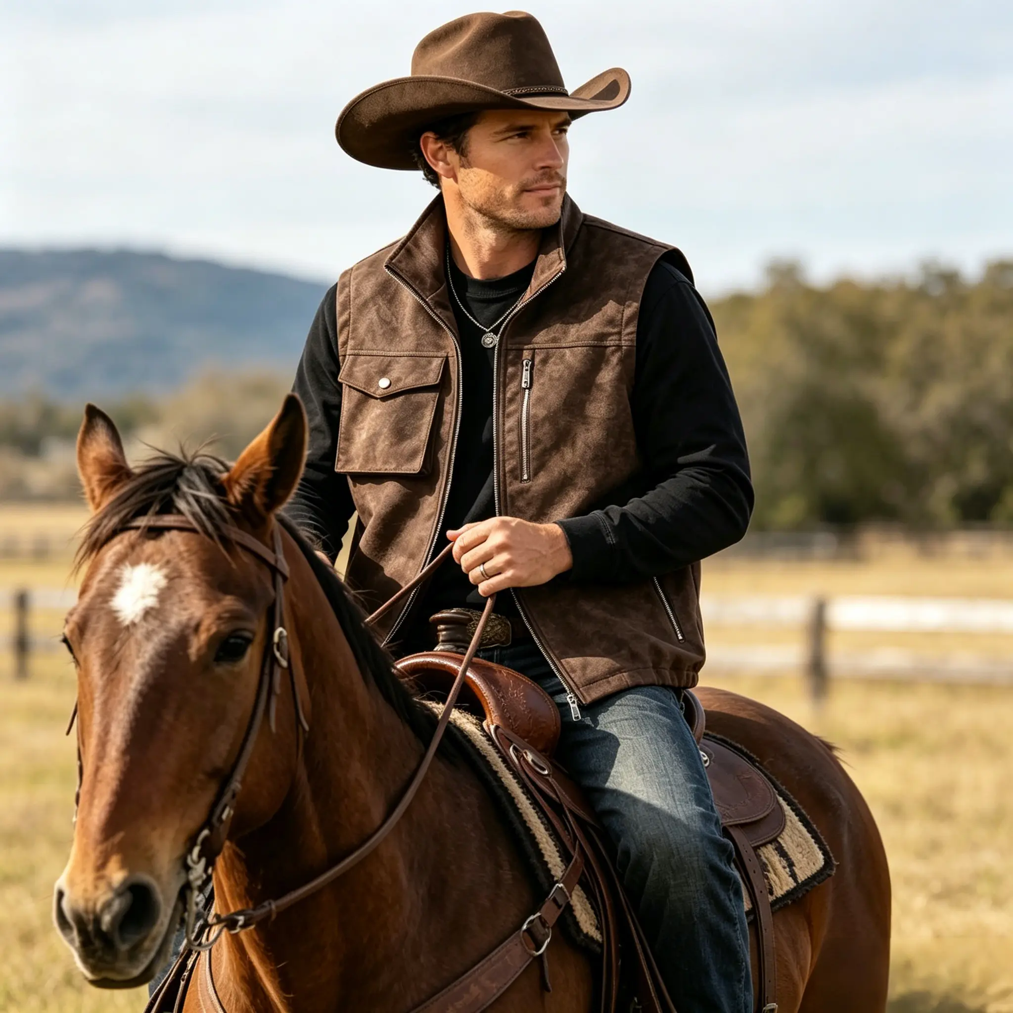 Men's Western Faux Suede Waistcoat - Brown Classic Plain Round Neck Menswear Top, Sleeveless Polyester Outerwear with Zipper Pockets for Ranch Days, Tops, Non Stretch, Solid, Viscose, Outdoor, Non-Leather Material, Casual Waistcoats & Gilets, Durable Zipp