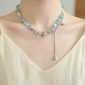 S925 silver natural aquamarine summer ocean shell crab necklace for women