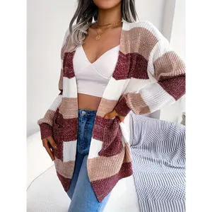 Women's Stylish Color Block V-Neck Cardigan - Cozy Long Sleeve Knit Sweater with Geometric Pattern, Perfect for Fall/Winter Layering, 100% Polyester, Hand Wash or Dry Clean, Winter Sweater | Oversized Knitwear | Soft Texture, Cute Sweaters