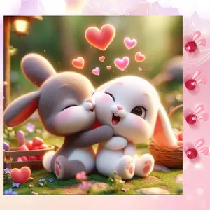 5D DIY Full Drill Round Diamond Painting - Diamond Art Kit Rabbit, Hug, Heart Mosaic, Canvas - DIY Wall Decor, Home Wall Art, Suitable for Halloween and Christmas, Birthday and Anniversary Gifts