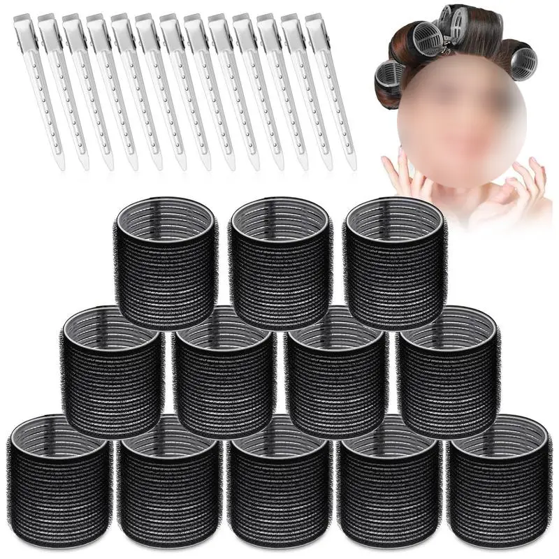 Large Hair Rollers Set - 12 Pieces Jumbo Rollers and 12pcs clips for Long Thick Hair Volume ,Car Interior Accessories Heatless Curling Brush Haircare Black clip  set Comb Curler
