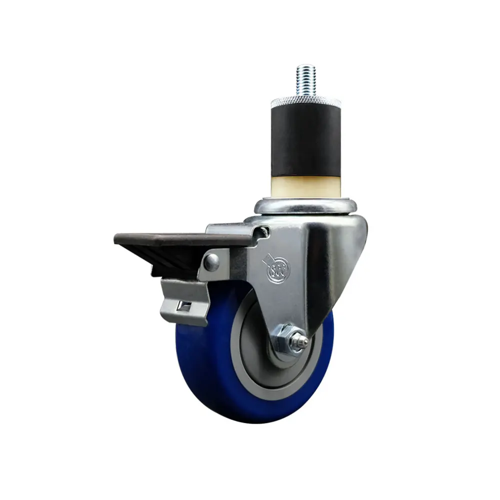 Service Caster SCC-EX20S3514-PPUB-BLUE-PLB-178 Polyurethane Expanding Stem Swivel Chrome Caster with 3.5 in. Blue Wheel, 1.87 in. Stem, Posi Locking Brake, Heat-Treated Ball Bearing Raceway, 300 lbs Capacity, Casters, Shop Projects