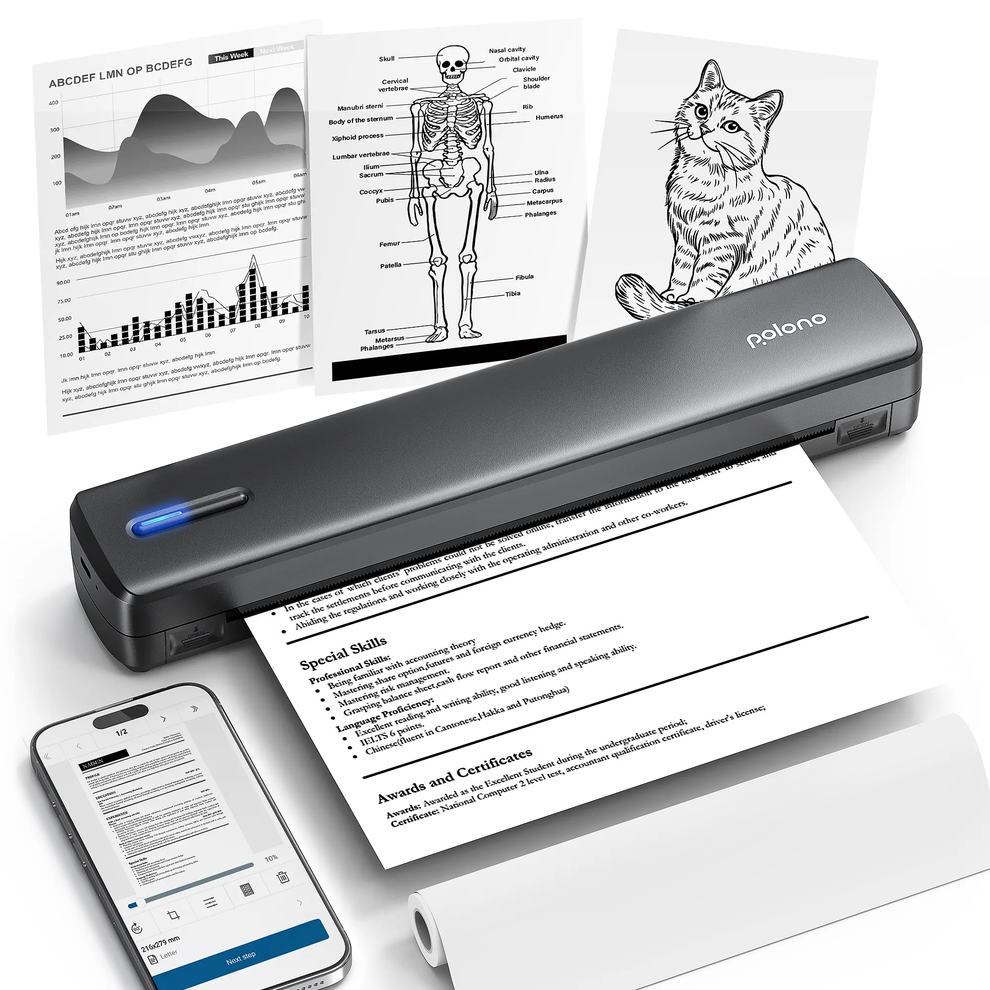 POLONO Portable Printer-D810 for Travel, Support 8.5" X 11" US Letter, Bluetooth Inkless  Wireless Thermal Printer Compatible with PC, Mobile Phone