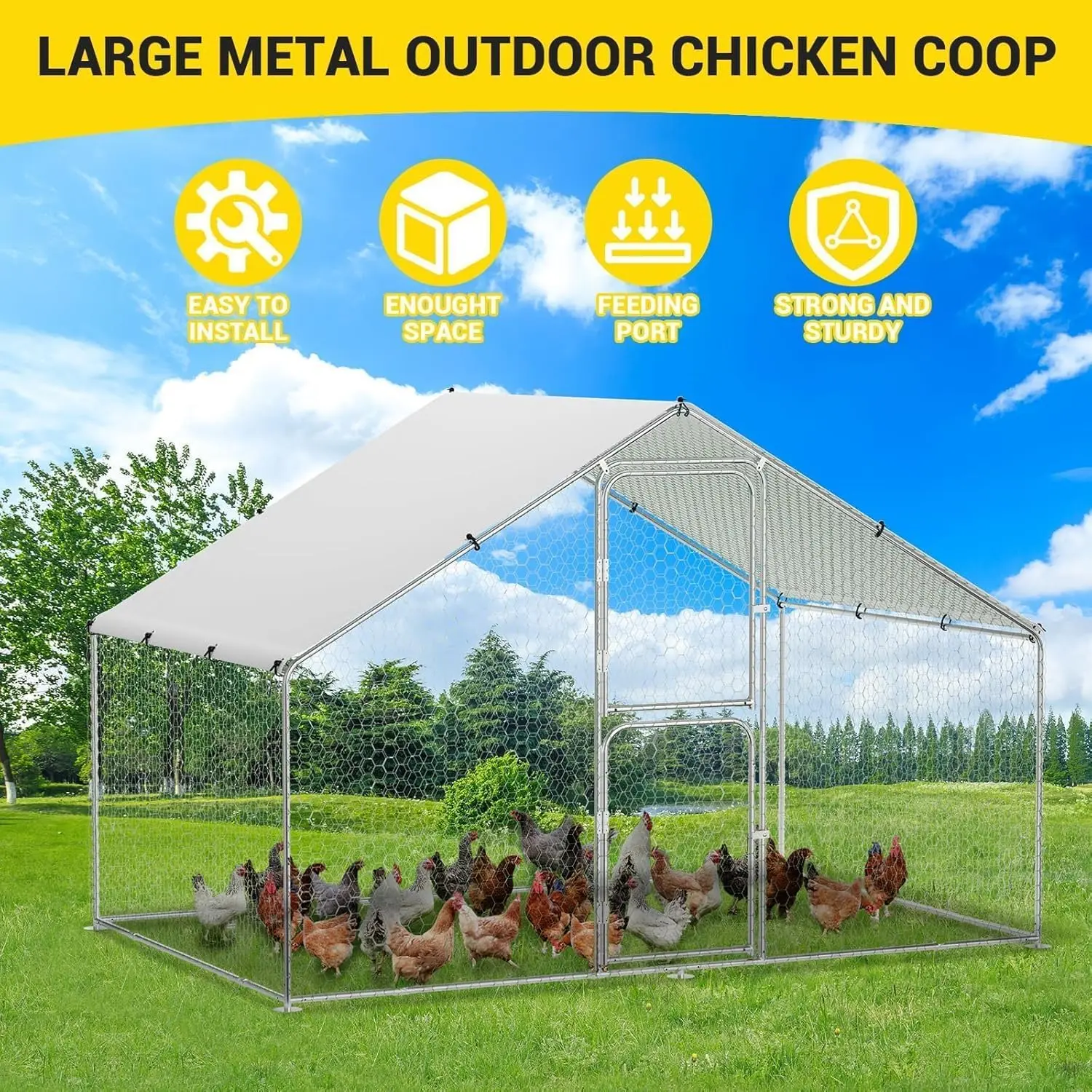 6FT Large Steel Walk-in Chicken Coop Poultry Cage Run Pen House with Hexagonal Mesh, Waterproof Anti-Ultraviolet Top, Double Lockable Doors, Predator-Safe for Outdoor Backyard Use, Strong And Sturdy