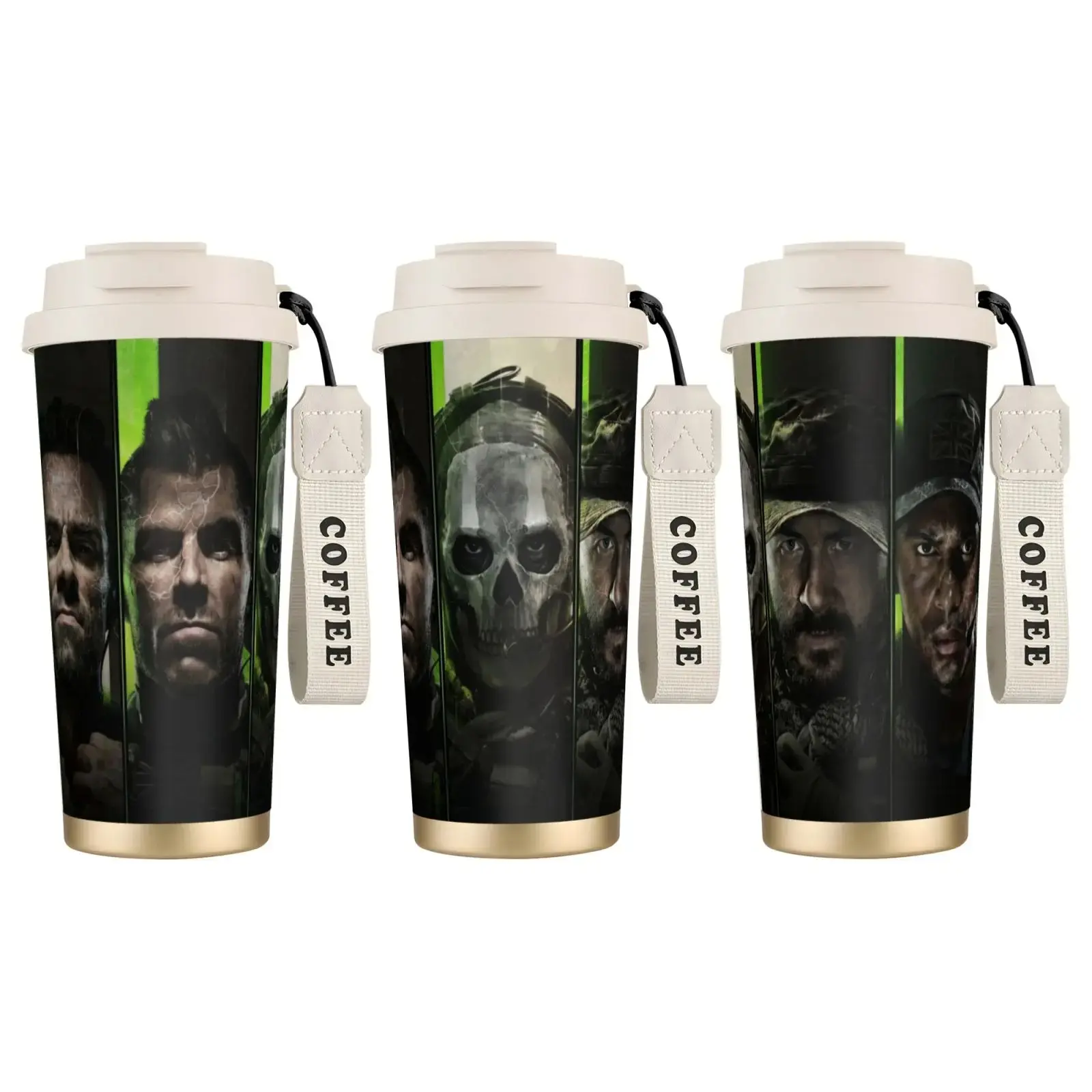 [Made in US] Call of Duty Warzone Stainless Steel Thermal Vacuum Flask - Vacuum-Sealed, Leak-Free, Double-Wall Insulated Coffee Tumbler with Lid, Dual-Drink Function, Strap, Portable for Gamers, Outdoor Use