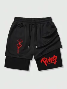 Men's Graphic Layered Shorts Y2K Cyber Distressed Style, Paint Slogan Print, Comfortable Drawstring Design for Skate and Gym, Athletic Shorts