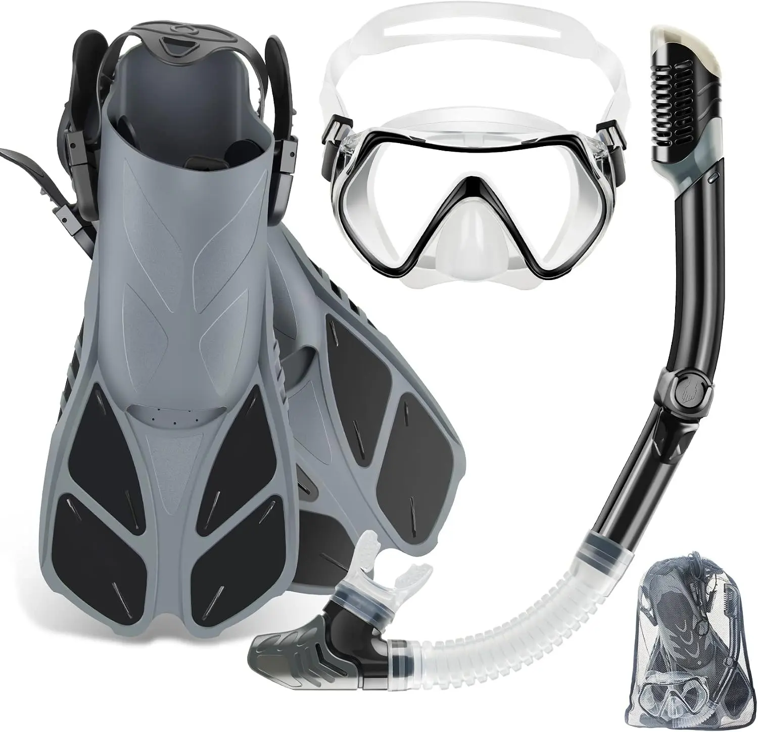 Travel Size Adult Snorkeling Gear Set - Panoramic Anti-Fog Mask, Trek Fins, Dry Top Snorkel, and Gear Bags for Swimming Training, Diving