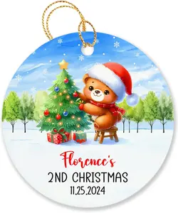 Cute Bear Xmas Ornament Gift for 2nd Birthday Anniversary, Customized Date & Name Baby's 2ND Christmas Ornament, Personalized Baby Bear Second Christmas Ornament 2024, Baby's 2nd Xmas Ornament Gift, Bear Baby's 2nd Christmas Ornament