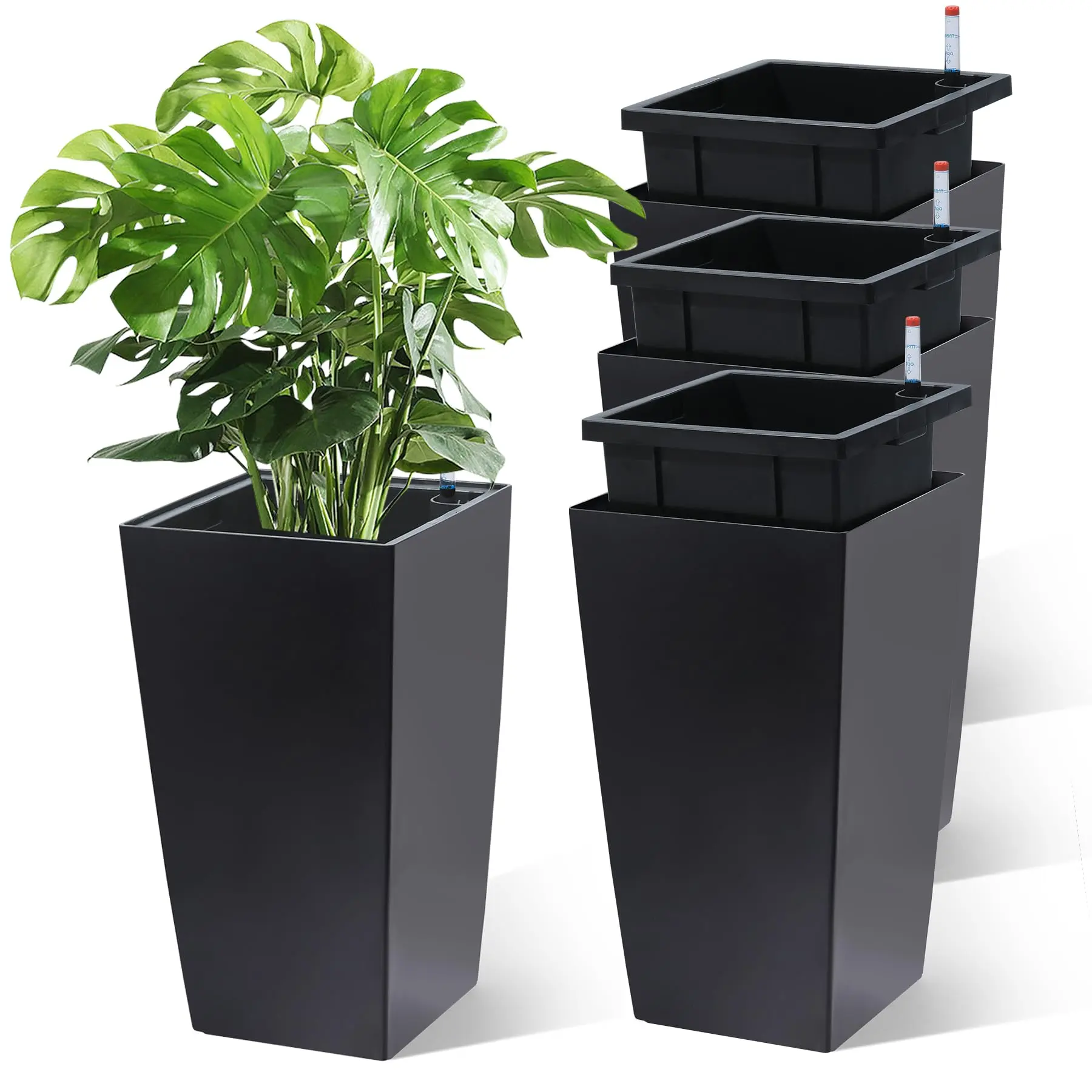 Garvee 16" Tall Planters Set of 4, Outdoor＆Indoor Black Planter Pots, High Front Porch Planter Pots with Drainage Holes＆Water Level Monitor＆Inner Bucket,Black