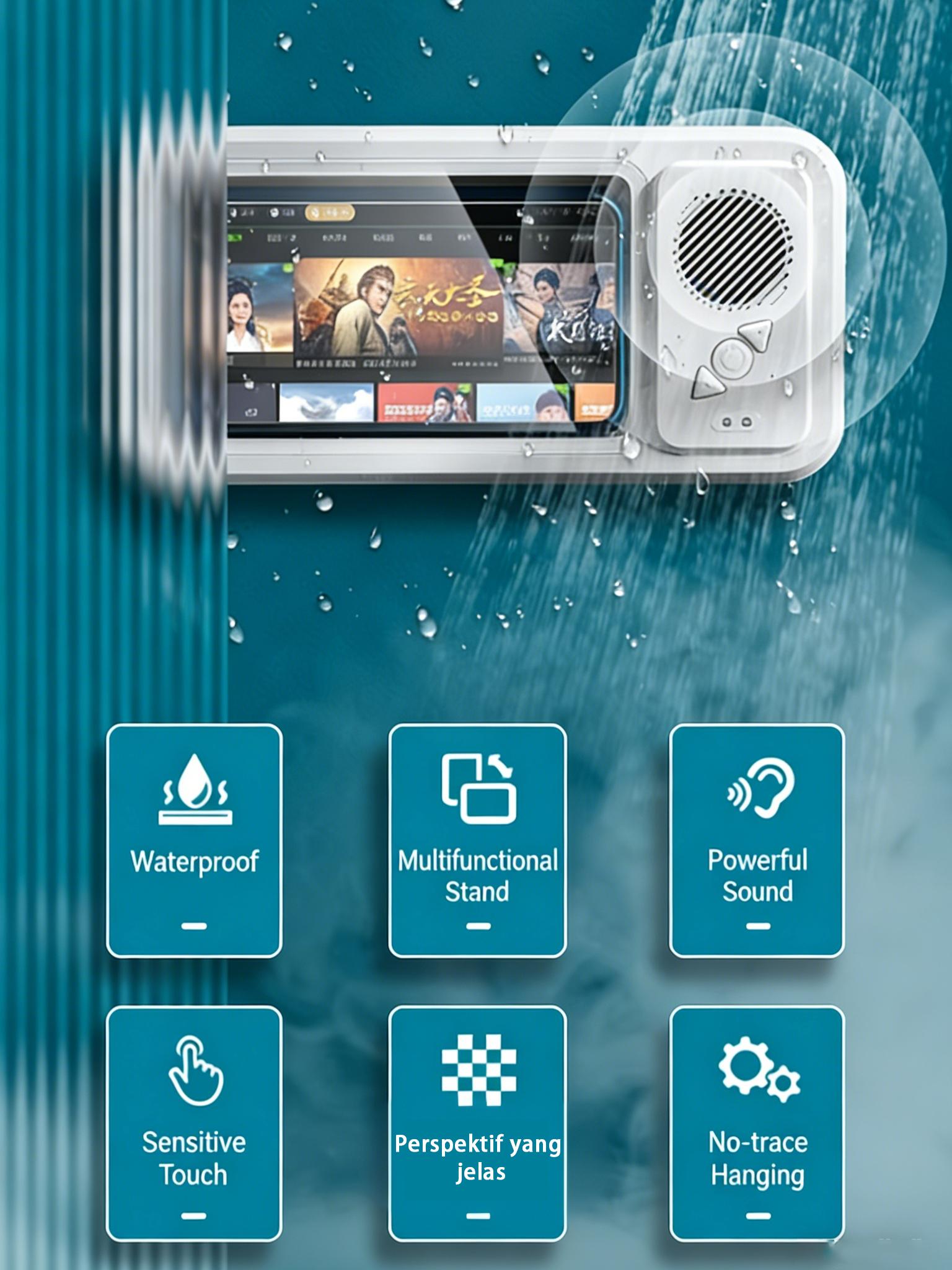 Waterproof Phone Mount for Showers and Bathrooms—360° smooth rotation, anti-fog protective case, responsive full HD touchscreen, comes with 3 tool-free adhesive wall mounts, compatible with 4–7-inch iPhones, Samsung, and other adjustable smartphones