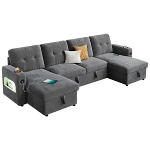 Modular Sofa with Storage, 107" Sleeper Sofa Bed Sectional Cloud Couch, u-Shaped Velvet Fabric Couch with USB Charging & Cup Holder for Living Room, Apartment, Office