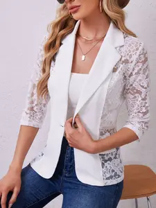 Lace Patchwork Blazer Jacket Womenswear, Half Sleeve Transparent Design, Single Button Slim Fit, Commuter Date Night Elegant Chic Style Outerwear