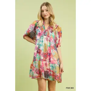 Umgee Mix Watercolor Floral Babydoll Dress