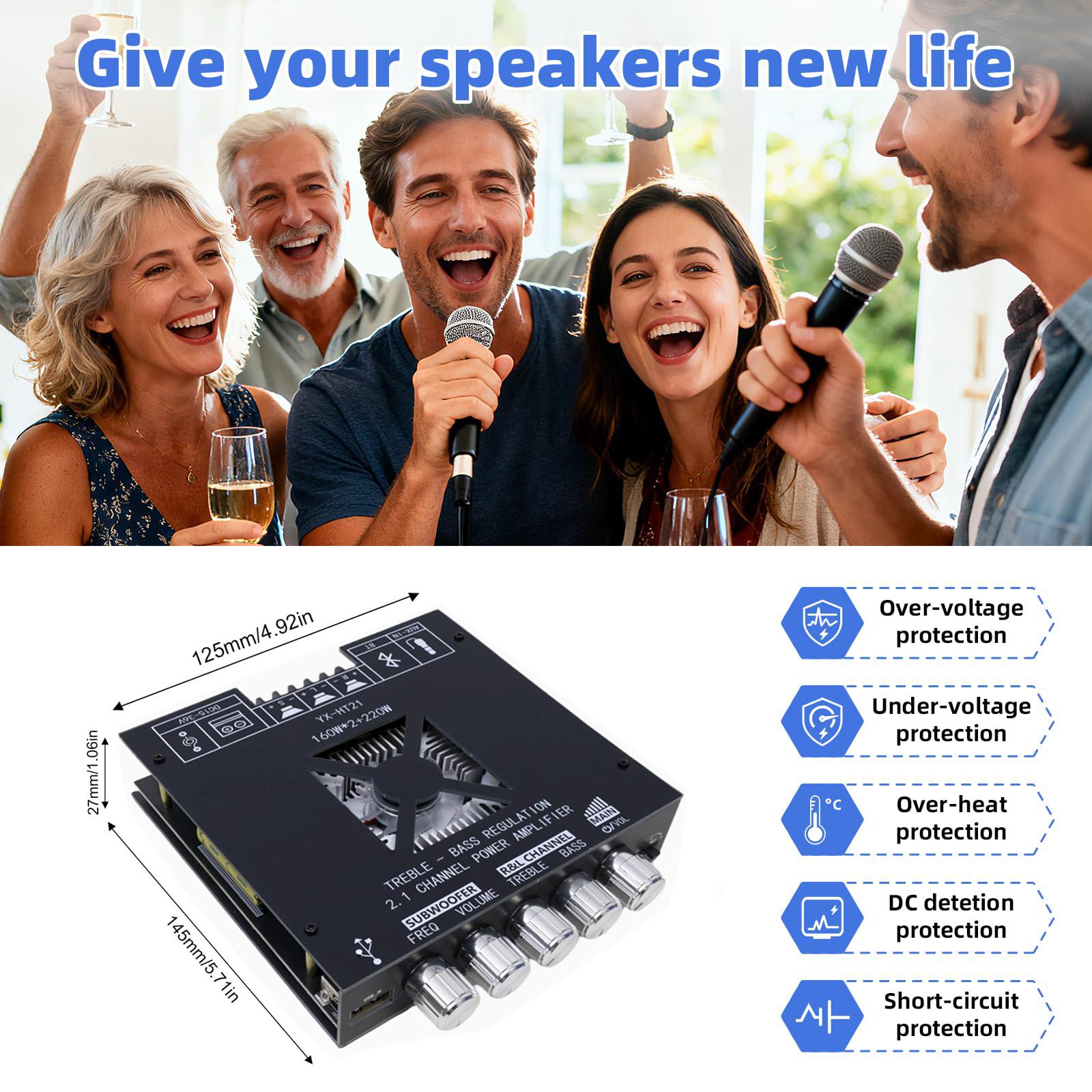 HT21 Upgraded 2.1 Channel Mini Wireless Hi-Fi Amplifier Board with TDA7498E Hi-Fi Chip, 160W×2+220W Home Amplifier, Supplier-Made, BT/USB/AUX Flexible Connectivity, Dual Expansion Ports, DC 15-36V, Easy Integration for DIY Home Speakers Customization