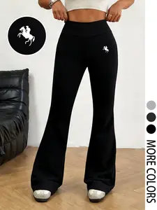 Trendy TikTok High-Waist Flared Leg Pants – Fit, Comfortable and soft, tummy-flattening and stretchy! Perfect for yoga, dance, or everyday wear. Features a cute equestrian logo, vintage Y2K style, available in multiple colors.