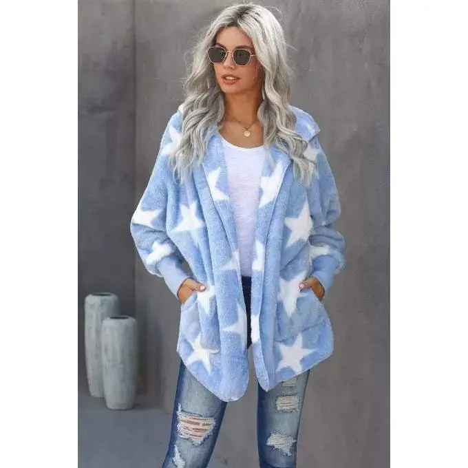 Star Open Front Fuzzy Hooded Jacket with Pockets