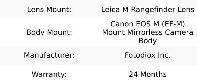 Fotodiox Pro Lens Mount Adapter - Leica M Rangefinder Lens to Canon EOS M (EF-M Mount) Mirrorless Camera Body