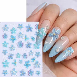 1 Sheet Floral Embossed Nail Art Stickers, 3D Blue Red Lily Spring Flower Elegant Design DIY Fun Nail Decorations for Women & Girls, Flower Design Nails