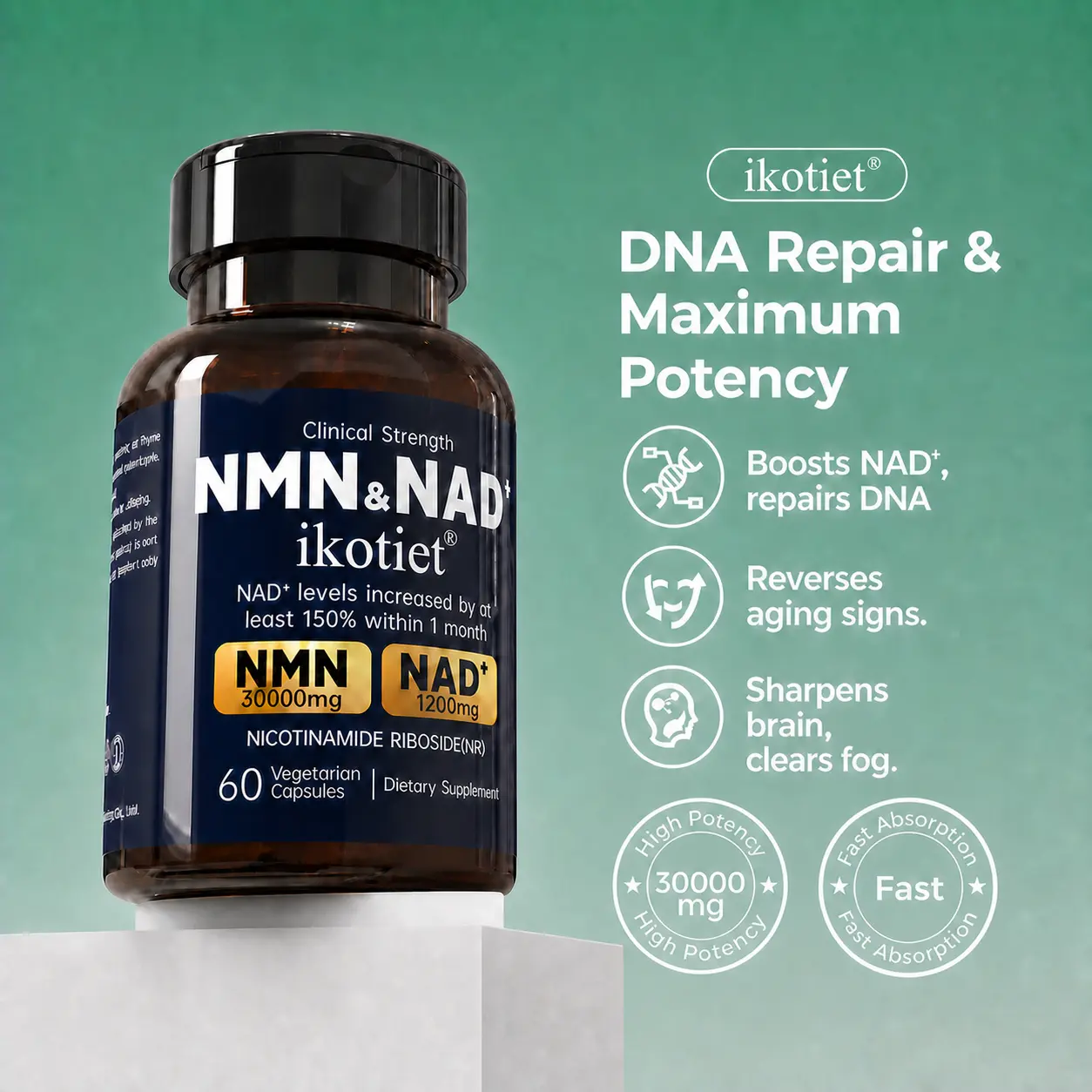 ikotiet NMN + NAD+ & NR 300mg Niacinamide Dietary Supplement - Enhances cell vitality; a beauty and youth supplement for women, promoting healthy aging and vitality, metabolism and collagen production, 60 capsules (30-day supply), vitamin supplement.