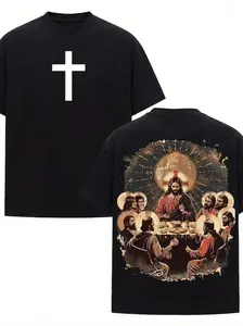 Religious Art Design Men's T-Shirt 180g Pure Cotton T-Shirt Men's Sport Casual Last Supper And Cross Print Christian Theme Summer And Spring Wear Gift For Faithful Christians And Religious Believers