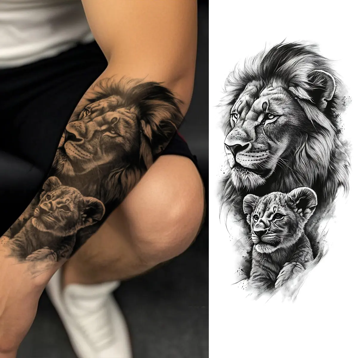 1pc Temporary Tattoo, Waterproof Temporary Tattoos, Black And White Lion Pattern, Fake Painless Tattoos Suitable For Men, Can Be Pasted On Arms, Waist, Body Decoration For Parties Gifts Masquerade, Tattoo Stickers