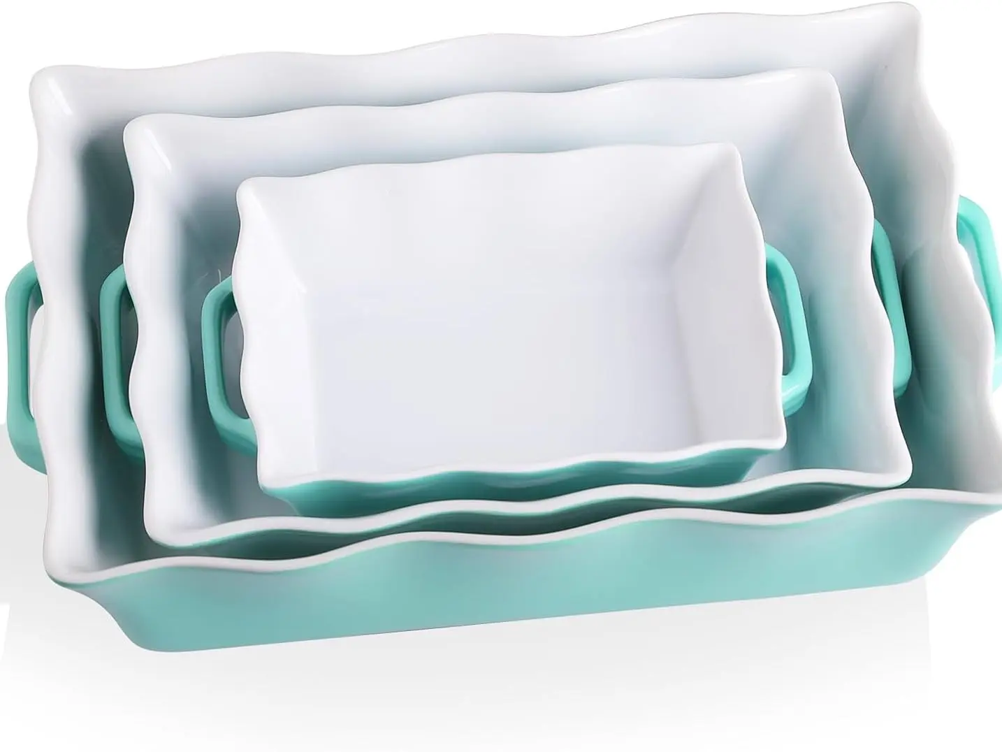 Sweejar 3-Piece Ceramic Casserole Dish Set, Rectangular Oven-Safe Bakeware with Handles, Wave-Edge Deep Lasagna Pan for Cooking, Cake