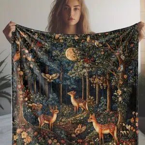 Vintage Forest Animal Print Blanket - Deer & Woodland Creatures (Fox, Rabbit, Birds) In Dark Green/Brown/Golden Tones - Soft Cozy All-Season Bedspread, Throws For Sofa, Blankets And Throws, Throw Blanket For Couch, Fall Throw Blanket, Sofa Throw, Sofa Thr