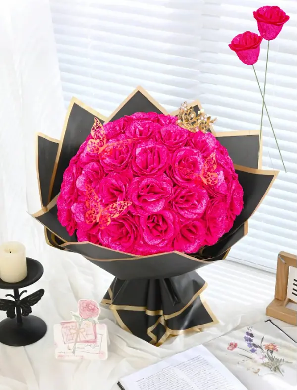 Artificial Glitter Rose Bouquet, Faux Rose Flowers with Wrapping Paper for Wedding, Anniversary, Valentine's Day, Mother's Day & Home Decor