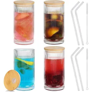 16 Oz Ribbed Drinking Glasses with  and Straws, 4 Pack Iced Coffee Glasses Clean Water Glass Cups for Kitchen Juicing, Office, Travel